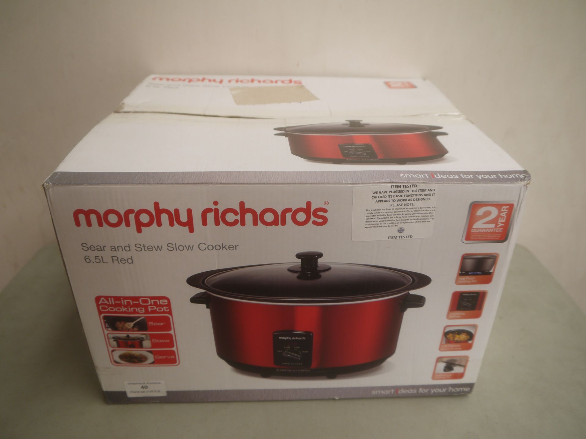 Morphy Richards sear and stew slow cooker, red colour. Tested working, appears to be new and boxed.