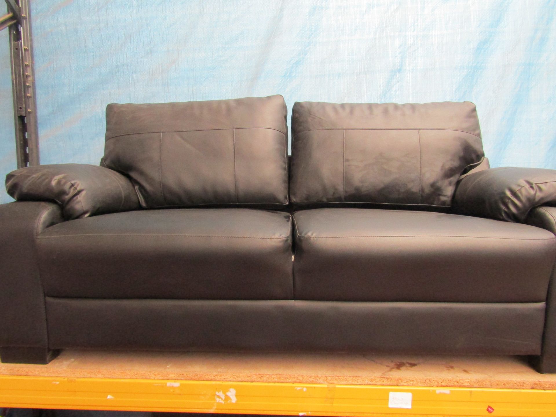 3 Seater Black Faux Leather Sofa.  Dimensions: H 86, W 183, D 82 cm (approx.) Fixed foam-filled seat