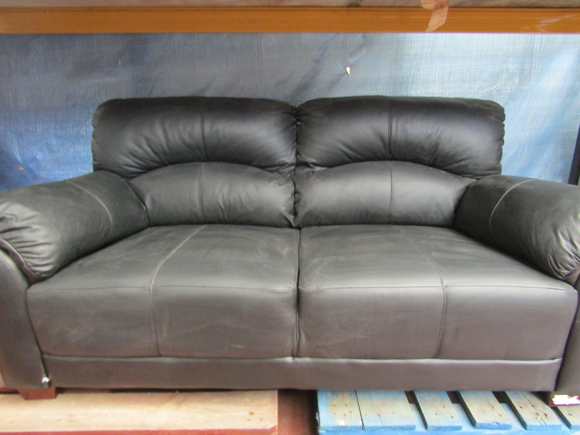 3 Seater Black Faux Leather Sofa.  H 89, W 183, D 82 cm (approx.) Fixed foam-filled seat cushions