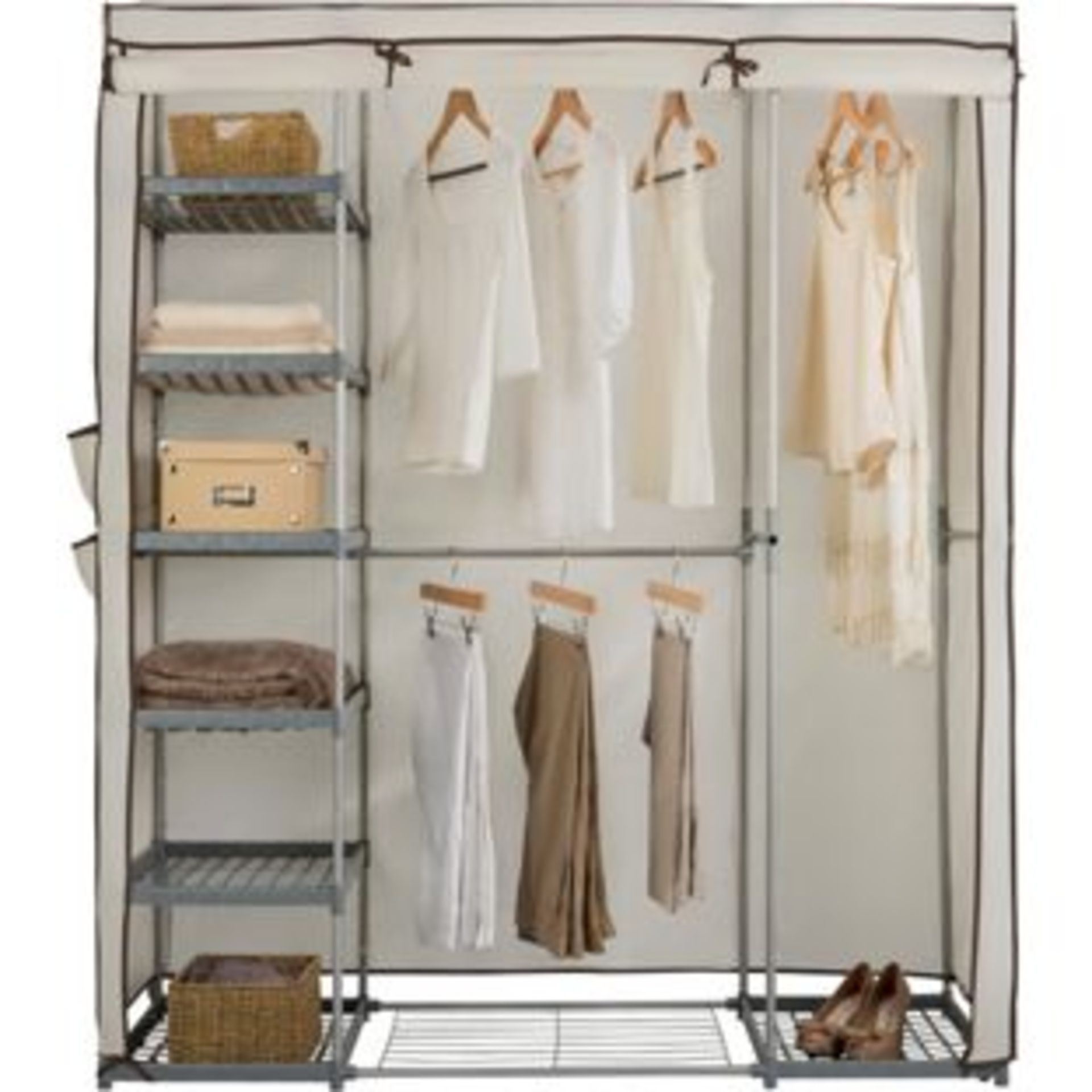 HOME Metal and Polycotton Triple Wardrobe - Cream. Size H175, W147, D54cm. Boxeed & Unchecked.