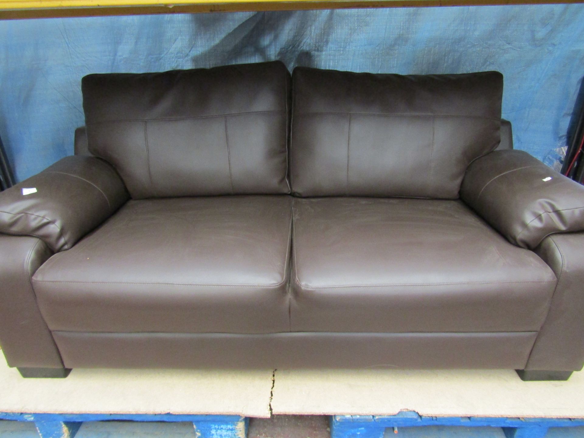 3 Seater Brown Faux Leather Sofa.  Dimensions: H 86, W 183, D 82 cm (approx.) Fixed foam-filled seat