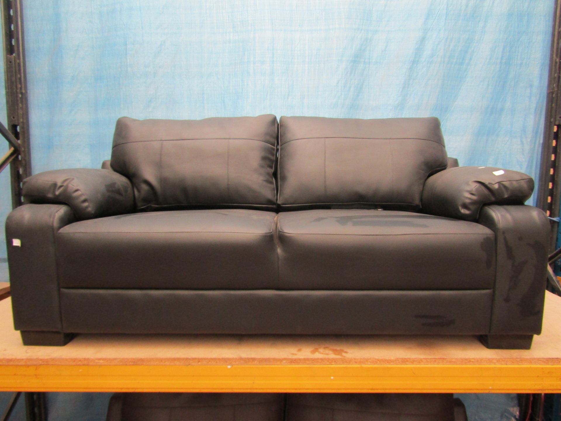 3 Seater Black Faux Leather Sofa.  Dimensions: H 86, W 183, D 82 cm (approx.) Fixed foam-filled seat