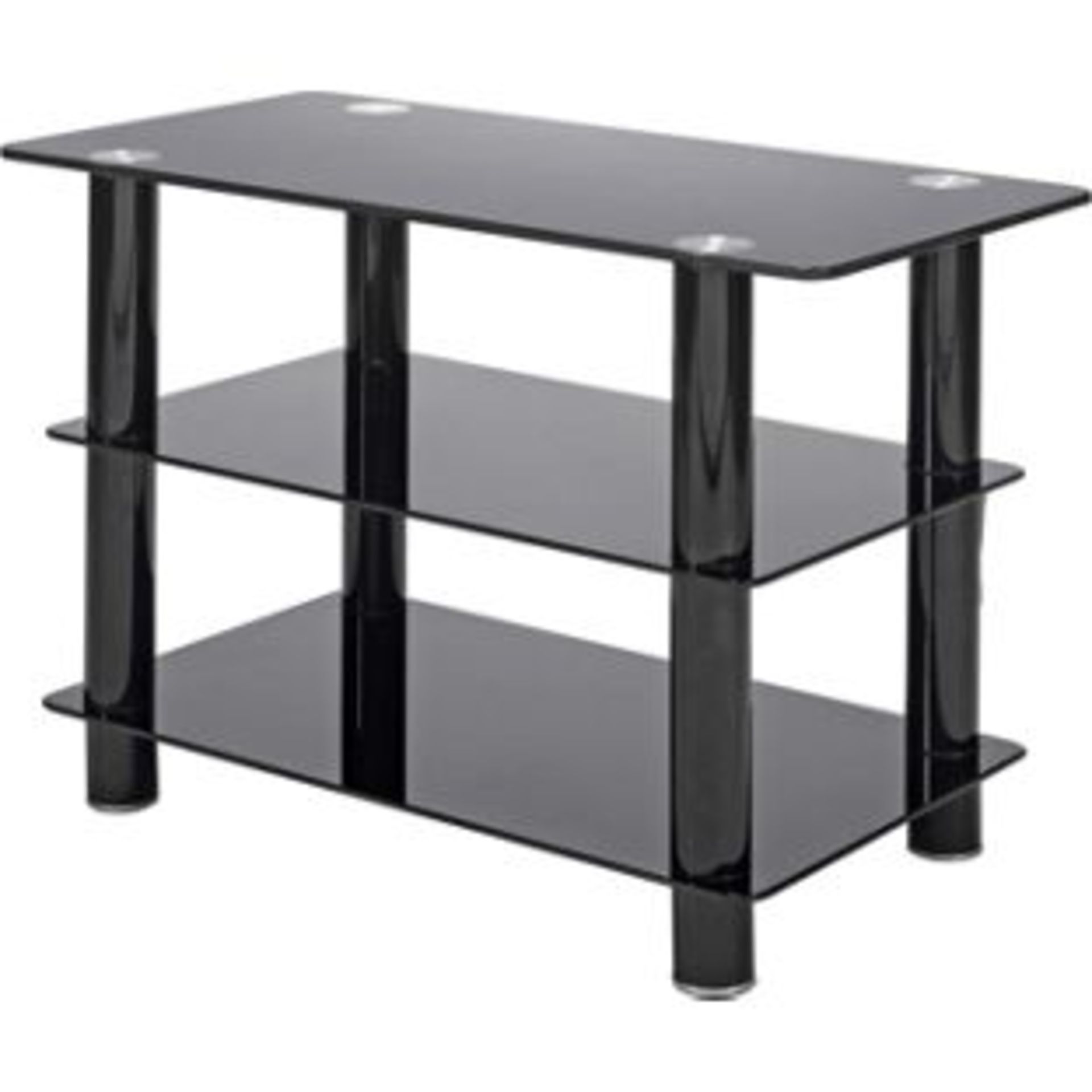 TV Stand 32in Black Glass Slimline. Size H45, W70, D35cm. Boxed & Unchecked. Please Note Pictures