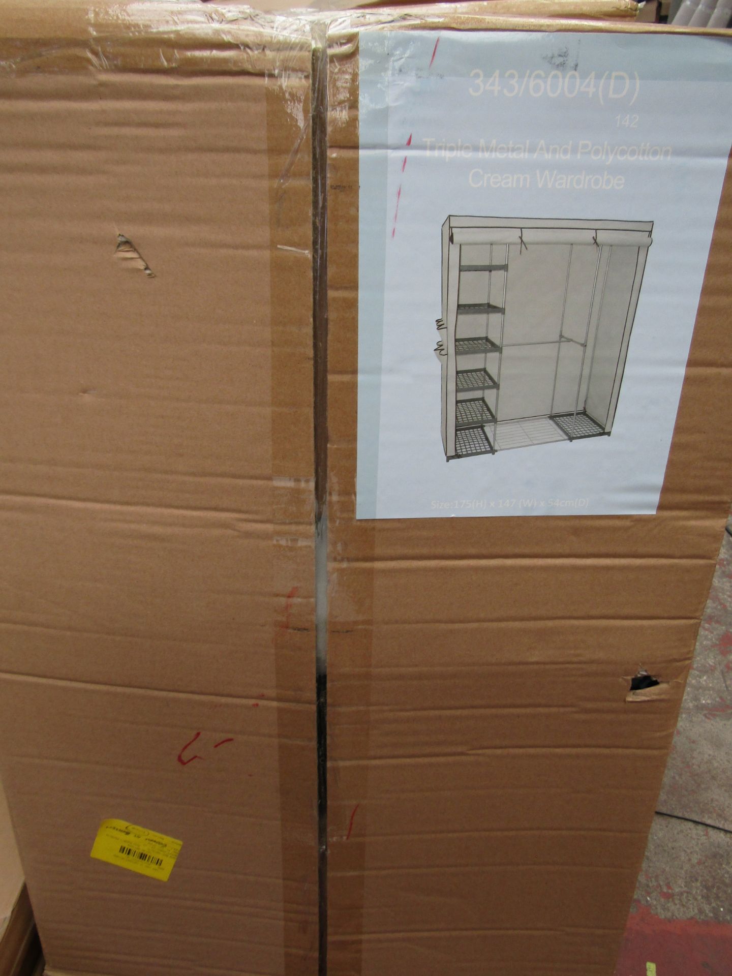 HOME Metal and Polycotton Triple Wardrobe - Cream. Size H175, W147, D54cm. Boxeed & Unchecked. - Image 2 of 2