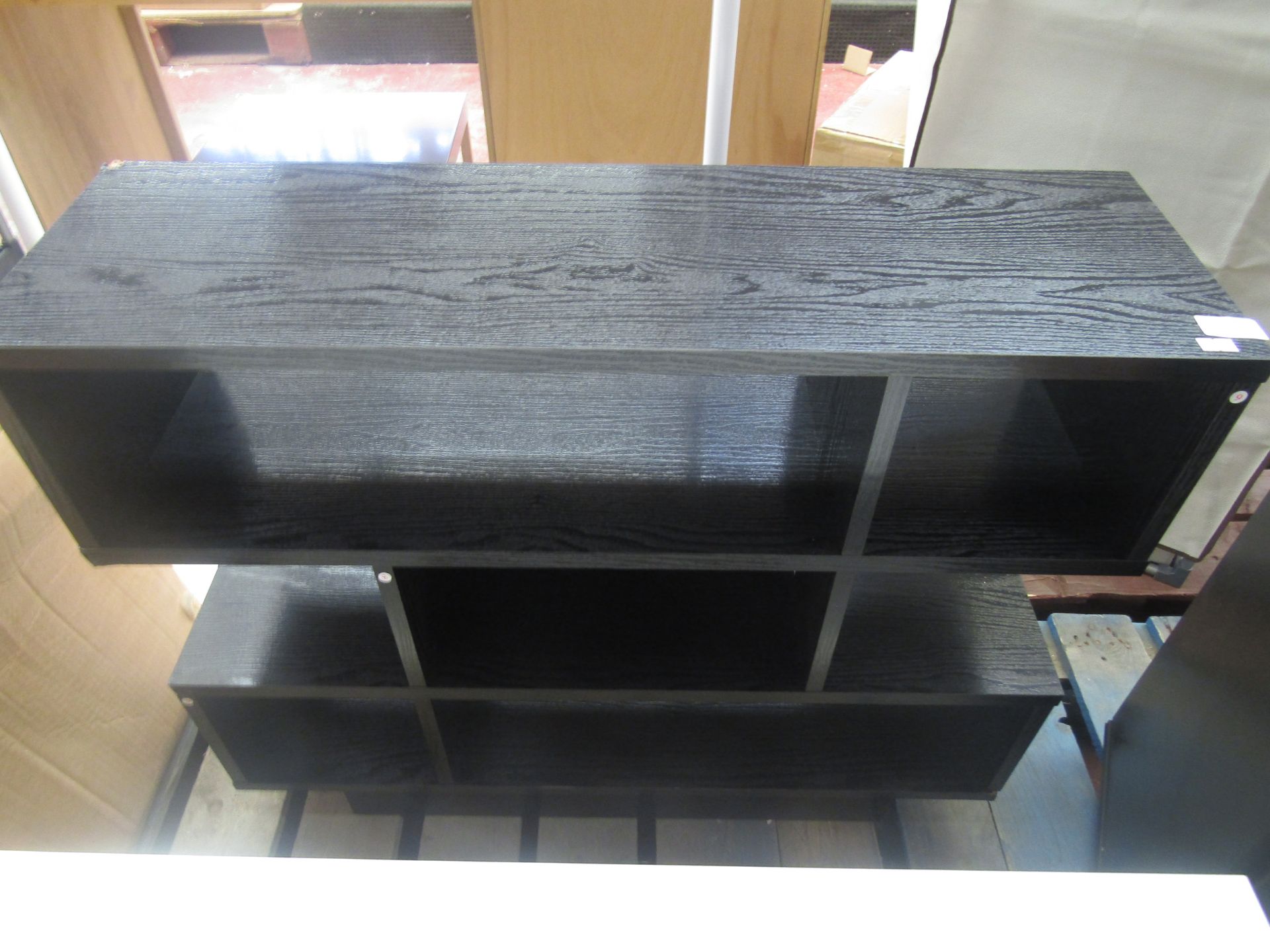 Abstract Design Black Wooden Effect Shelves, W800 x D240 x H675mm. has damage to two corners.