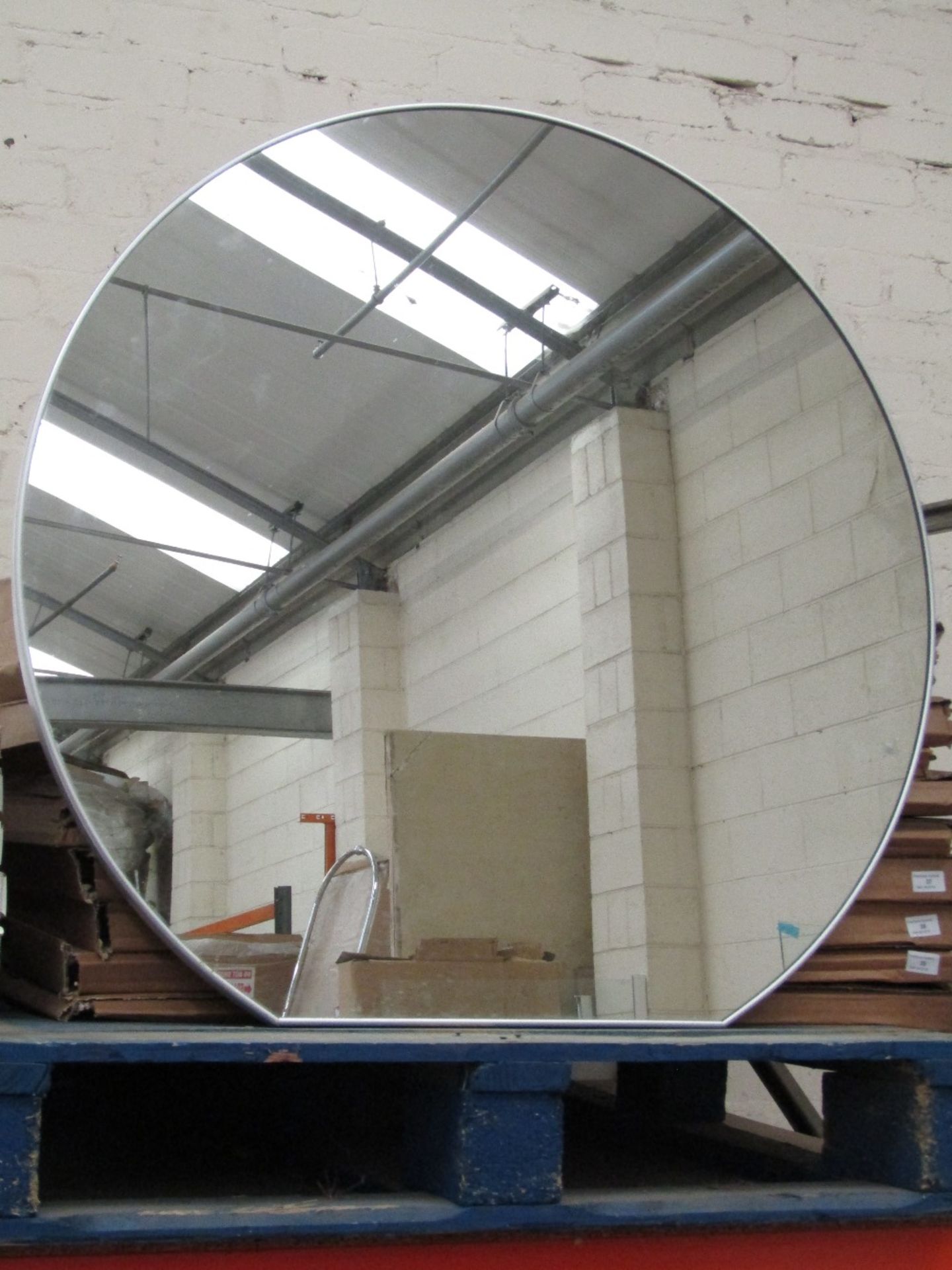 Modern 905mm Circular Flat-bottom Silver Framed Mirror. New & Boxed.