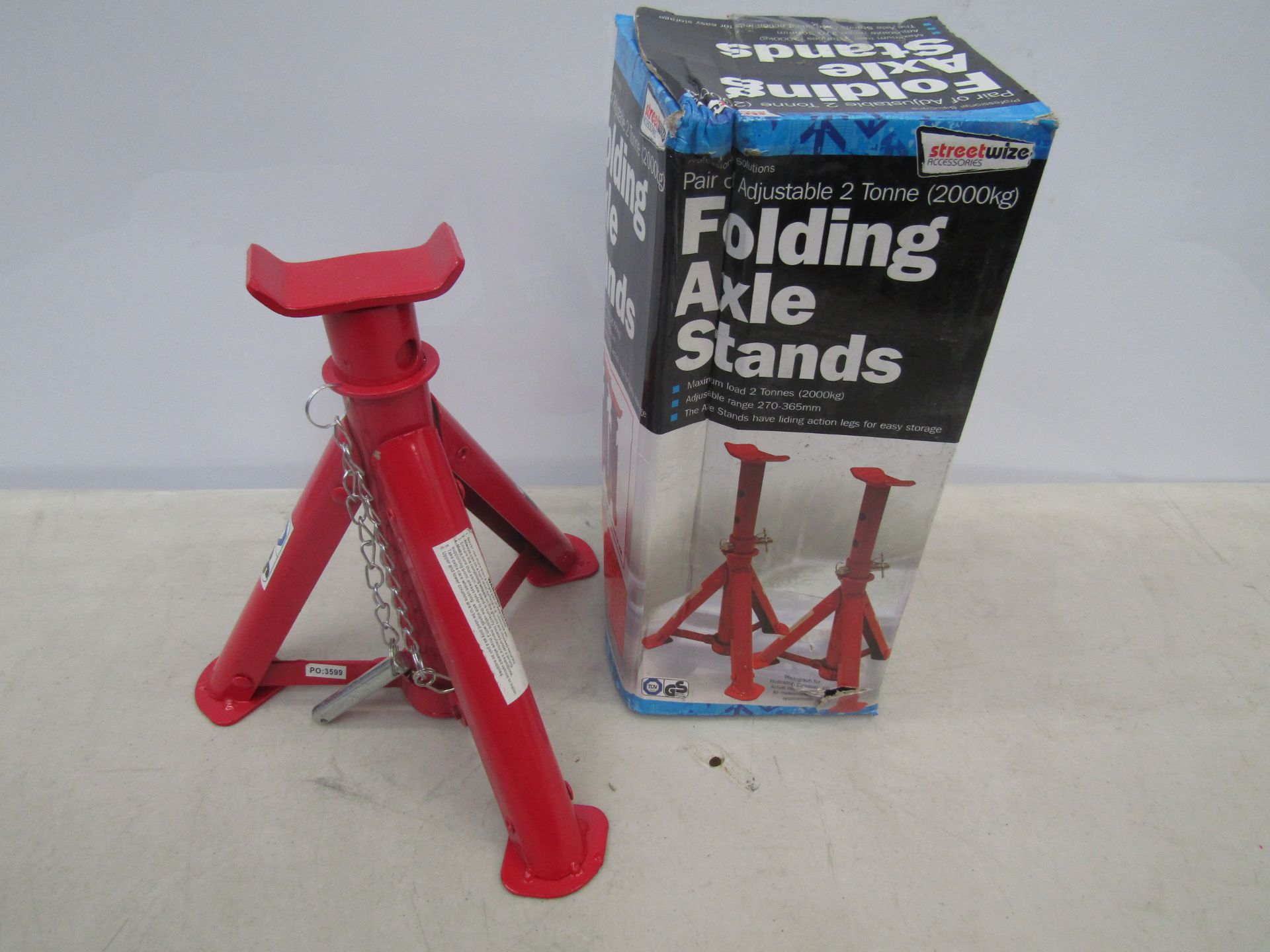 Pair of 2 tonne folding axle stands, unused and boxed.