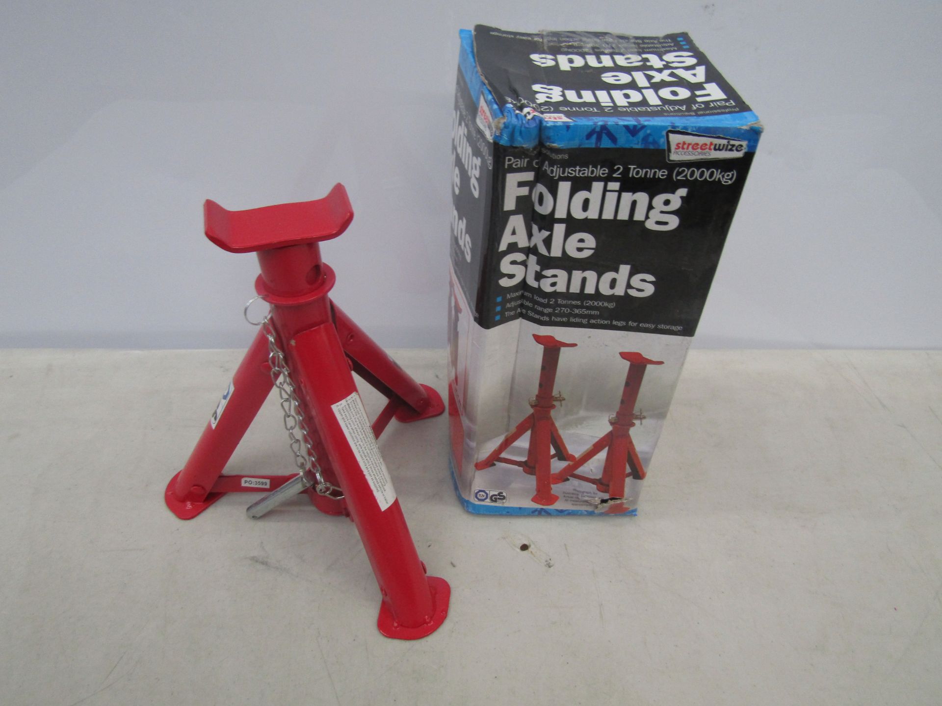 Pair of 2 tonne folding axle stands, unused and boxed.