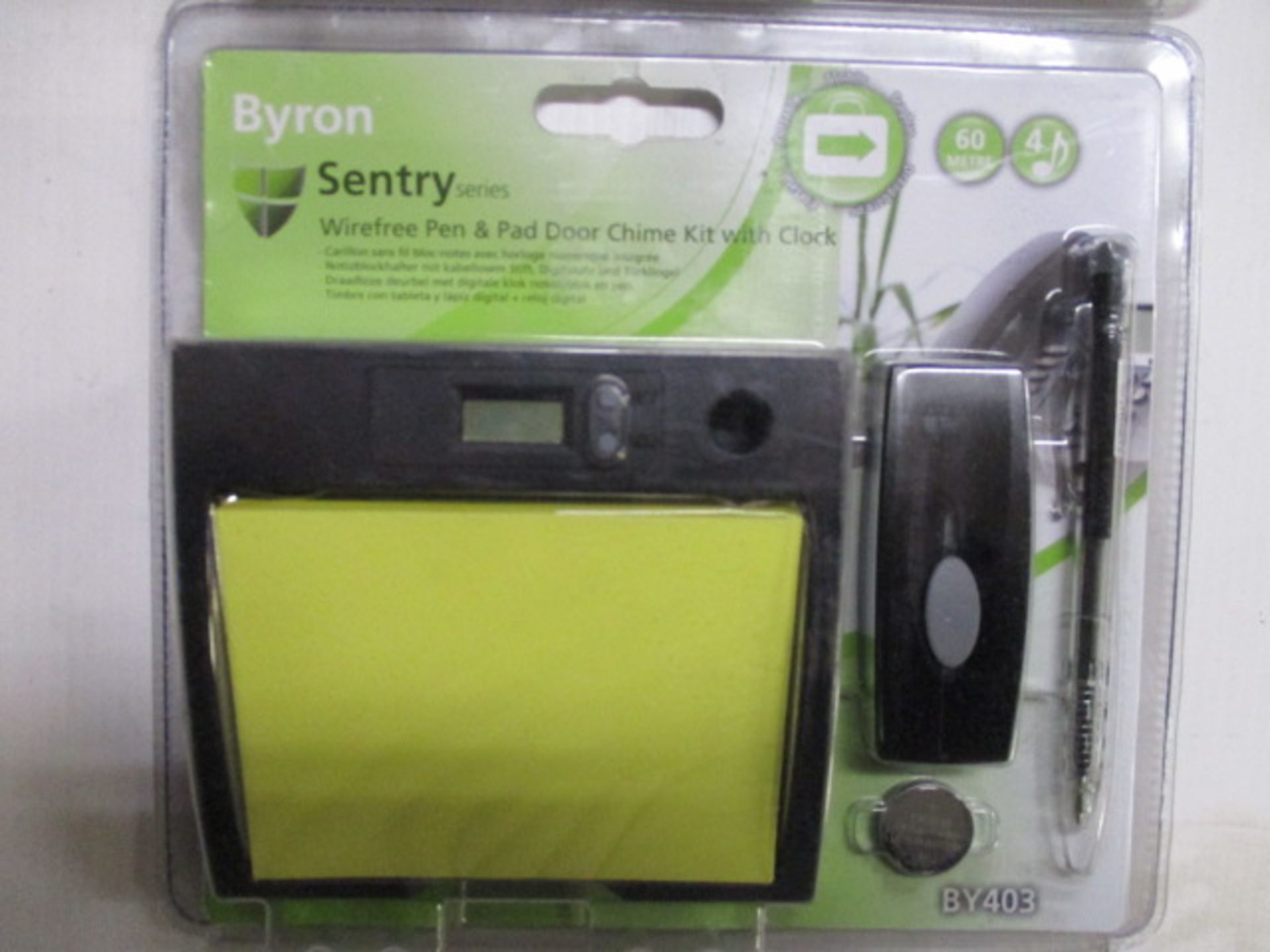 Byron semtry wirefree pen and pad door chime kit with clock brand new and package with battery 60m
