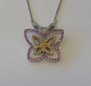 White Gold Diamond, Pink and Yellow Sapphire Set Butterfly with Chain. RRP £4,175