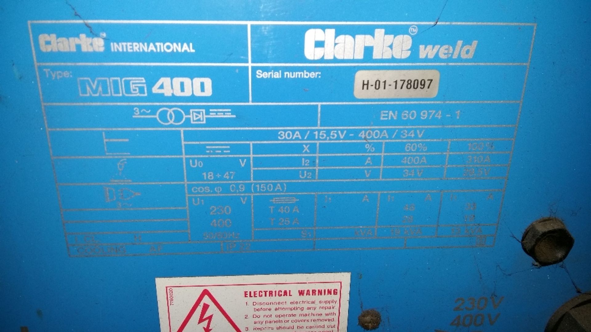 Clarke Weld Mig 400 TE turbo mig welder & Mig Wire Feed 2 unit - Image 8 of 9