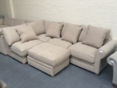 Beige Upholstered L Shape Corner Sofa and centre piece stool