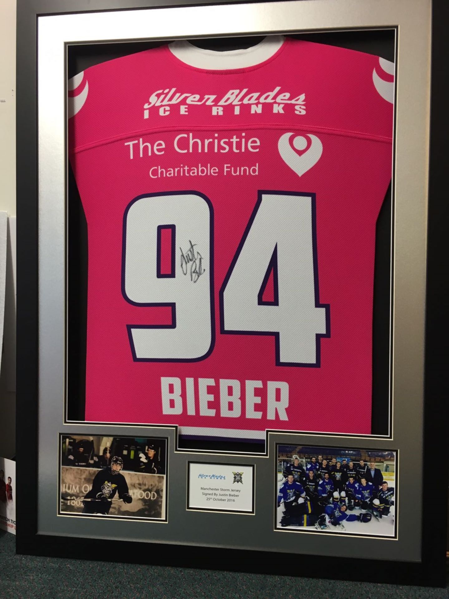 Personalised Justin Bieber Signed & Framed Manchester Storm Ice Hockey Shirt