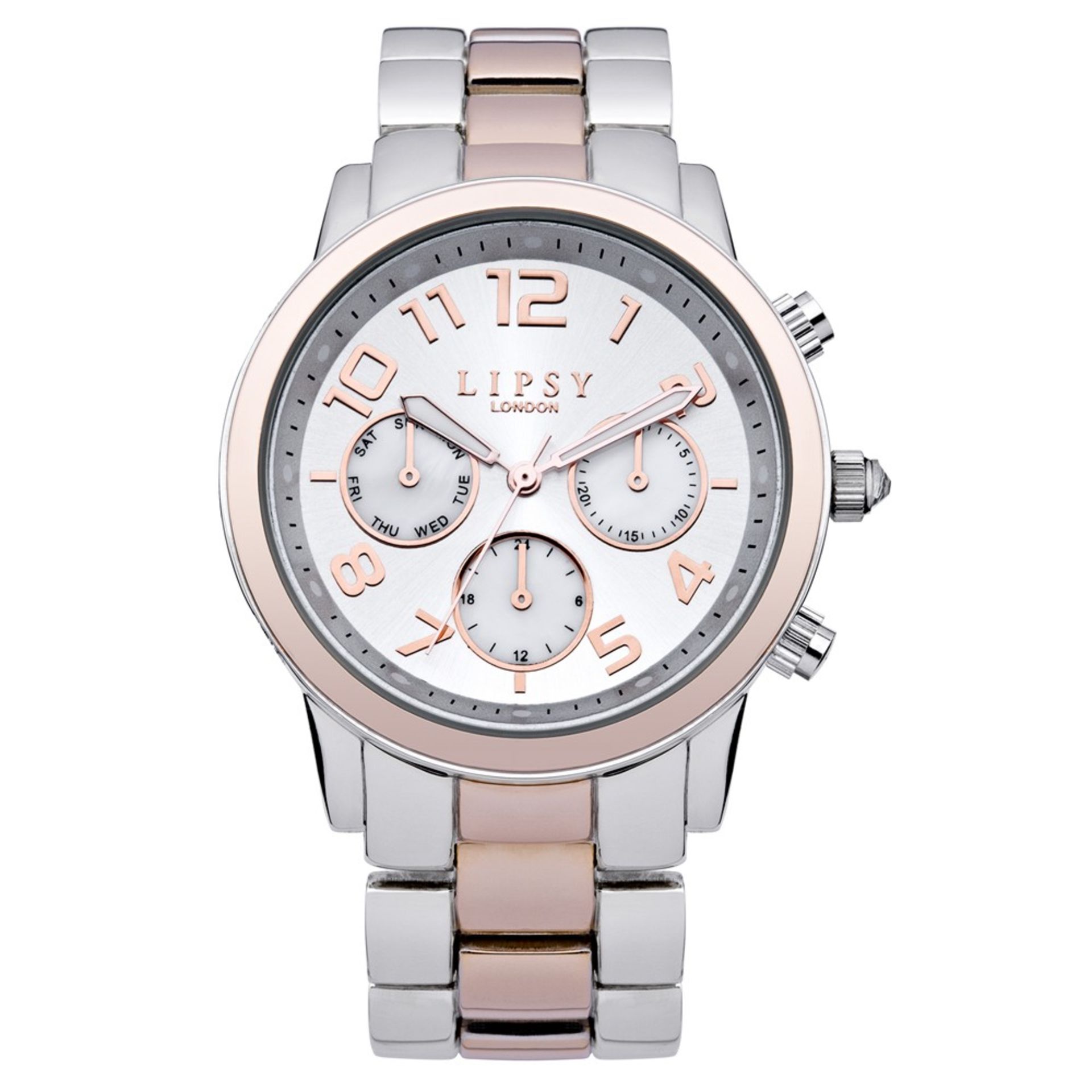 Boxed Brand New, LIPSY KADIES SILVER/ROSE GOLD COLOURED BRACELET WATCH WITH SILVER COLOURED DIAL,