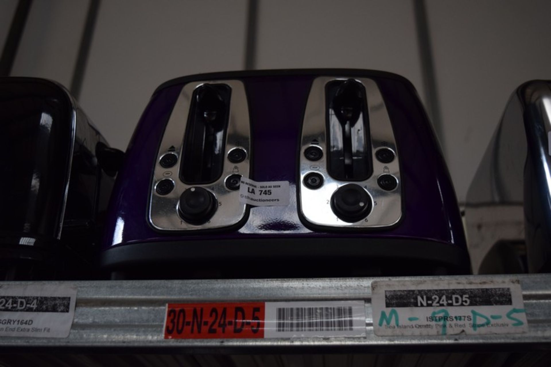 2 X ASSORTED STAINLESS STEEL AND PURPLE 4 SLICE TOASTERS BY RUSSELL HOBBS