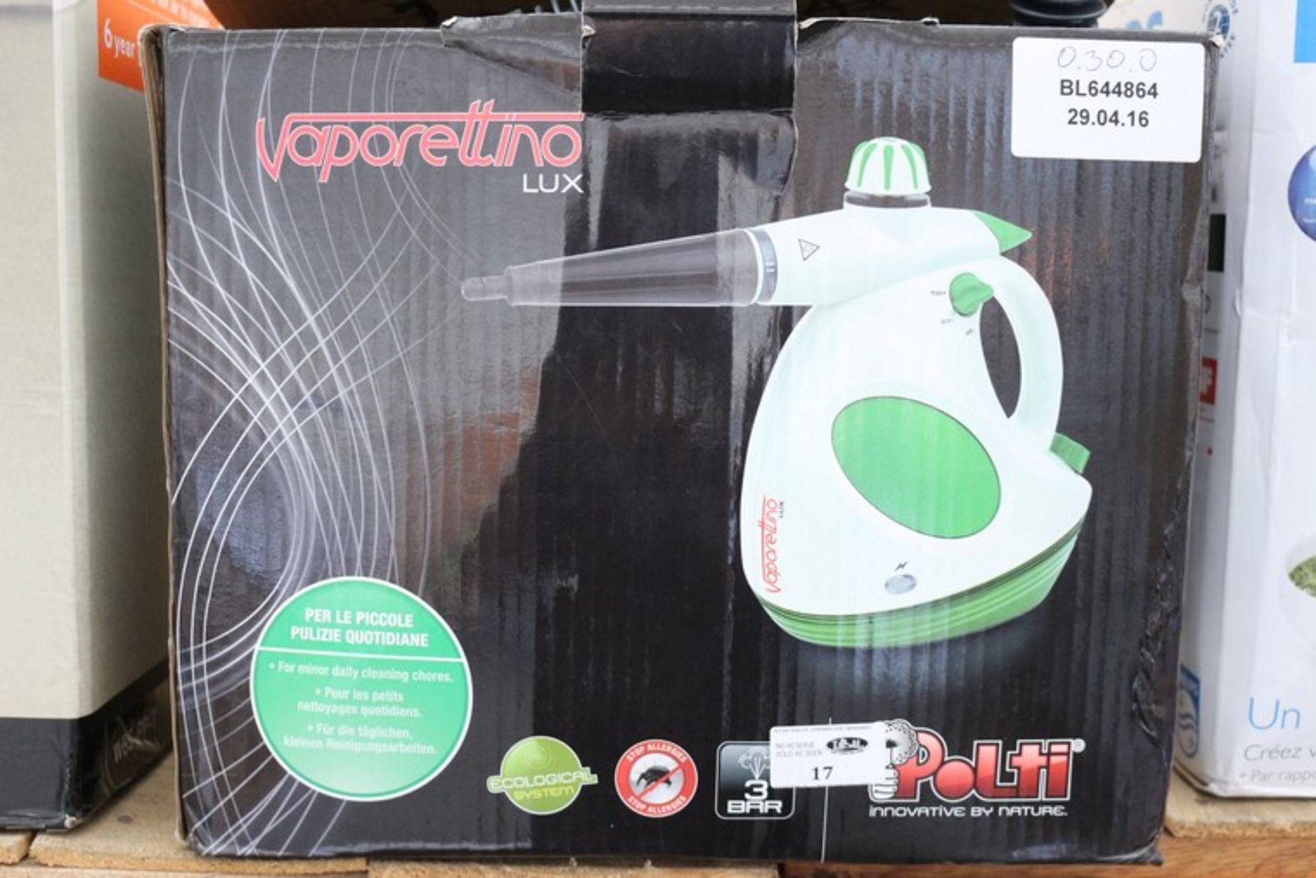 1 x BOXED VAPORETTO POLTI LUX HAND HELD STEAM CLEANER RRP £30 (29.4.16) *PLEASE NOTE THAT THE BID