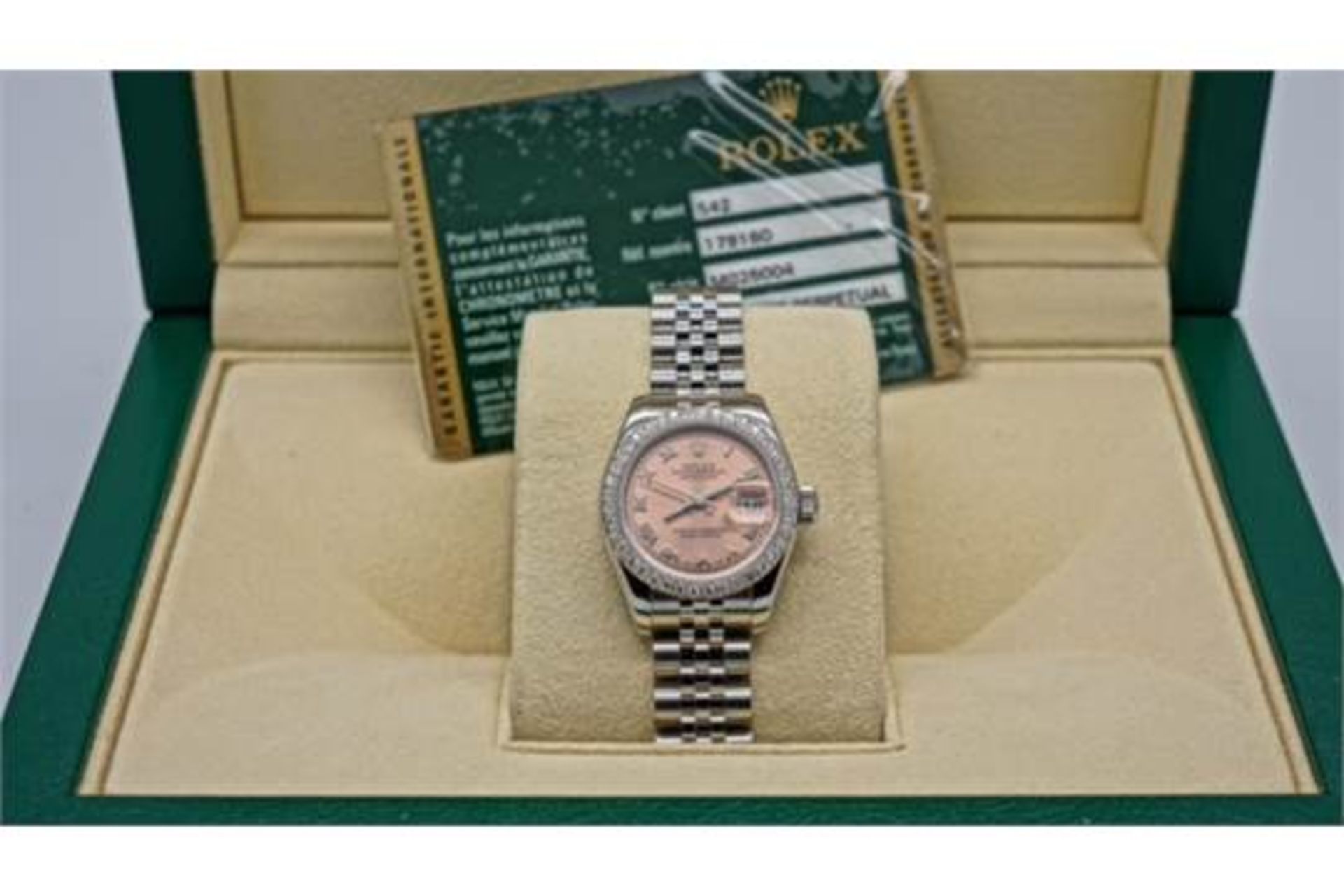 ROLEX STEEL LADIES DATE JUST WITH AFTERSET DIAMOND BEZEL, PINK ROMAN NUMERAL DIAL ON JUBILEE STRAP