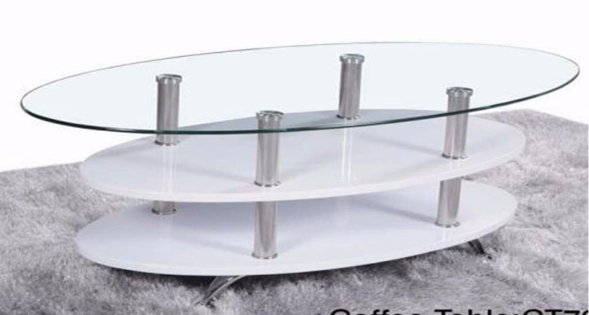 1 X BOXED BRAND NEW MODERN OVAL GLASS WHITE AND CHROME 3 TIER COFFEE TABLE (CT737)