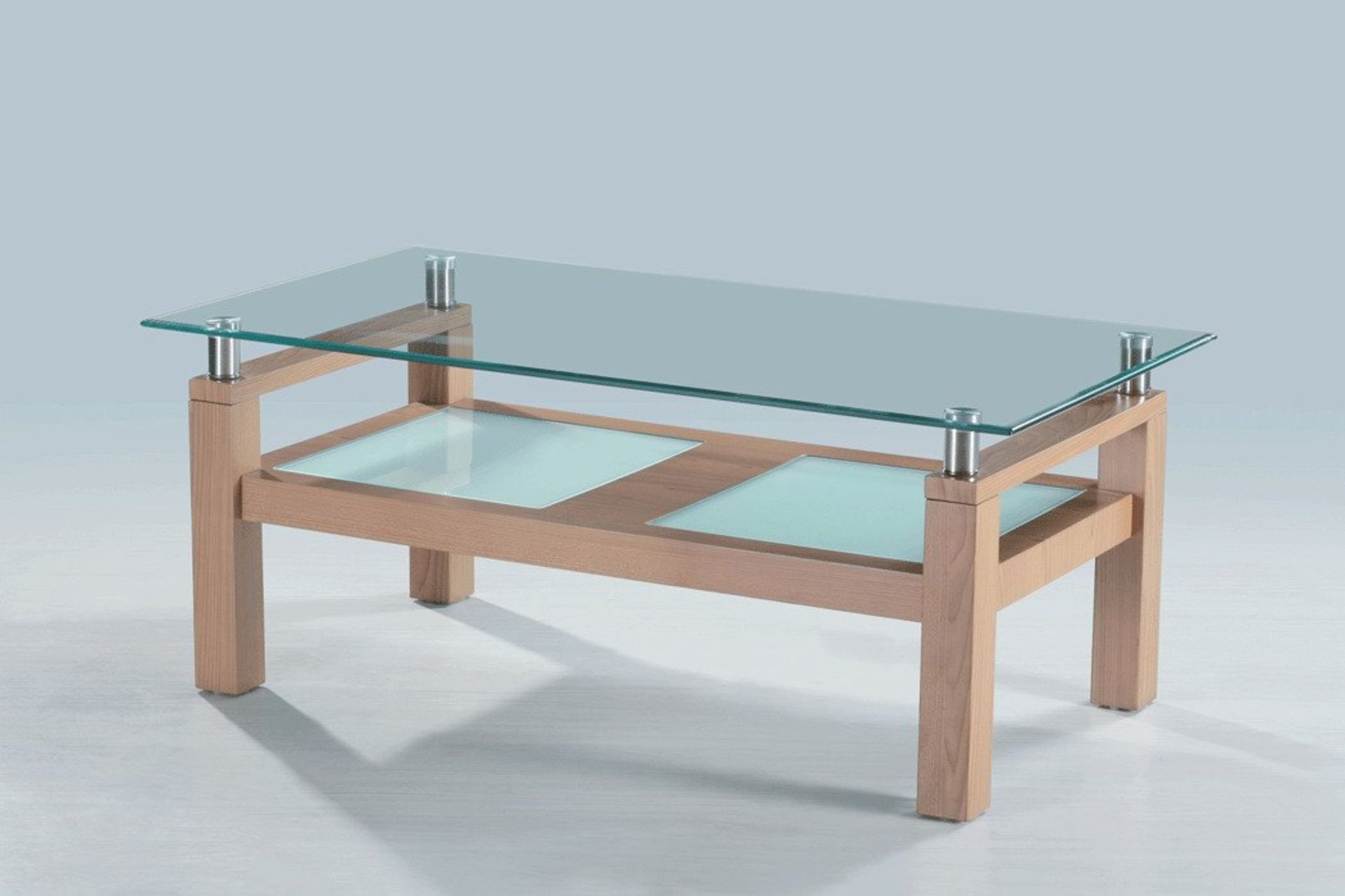 1 X BOXED BRAND NEW MODERN CLEAR TOUGHENED GLASS AND OAK COFFEE TABLE (CT648)