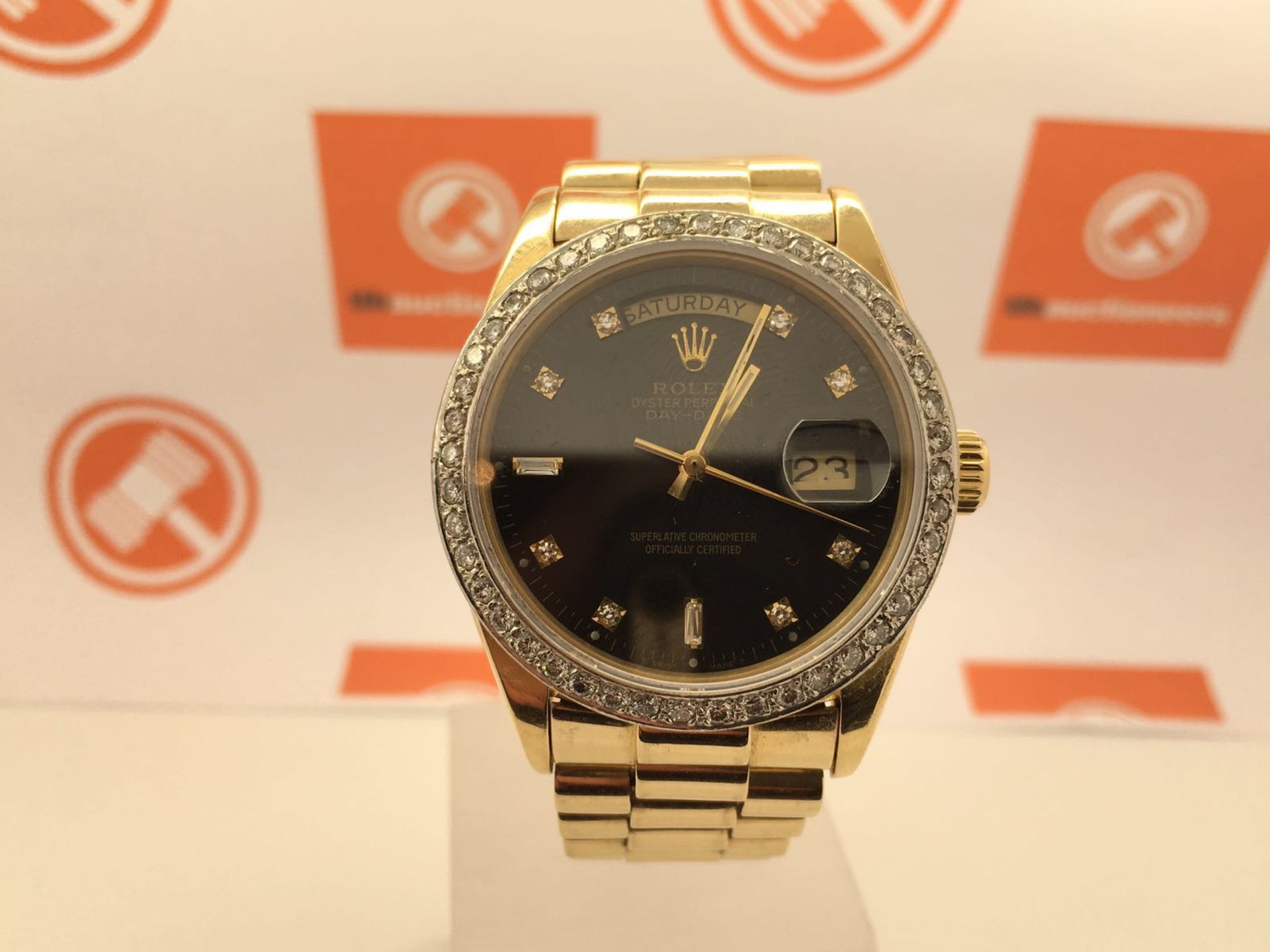 GENTS ROLEX DAY DATE MODEL..... SOLID GOLD WITH DIAMOND DIAL & AFTERSET DIAMOND BEZEL IN GOOD - Image 2 of 3