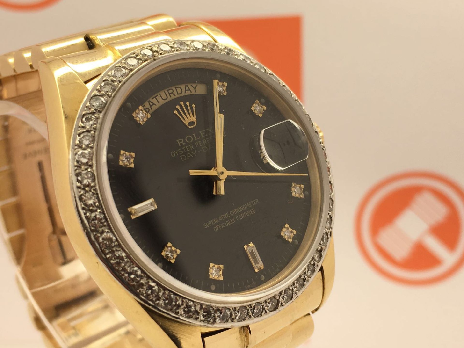 GENTS ROLEX DAY DATE MODEL..... SOLID GOLD WITH DIAMOND DIAL & AFTERSET DIAMOND BEZEL IN GOOD