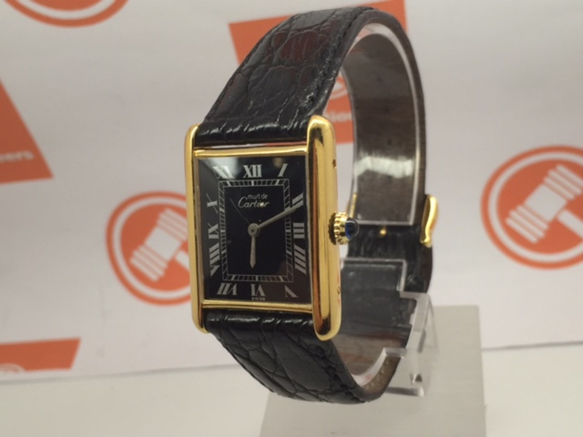 CARTIER GOLD PLATED WRIST WATCH ON LEATHER STRAP IN GOOD CONDITION SET WITH SAPPHIRE CABASCHON - Image 2 of 4