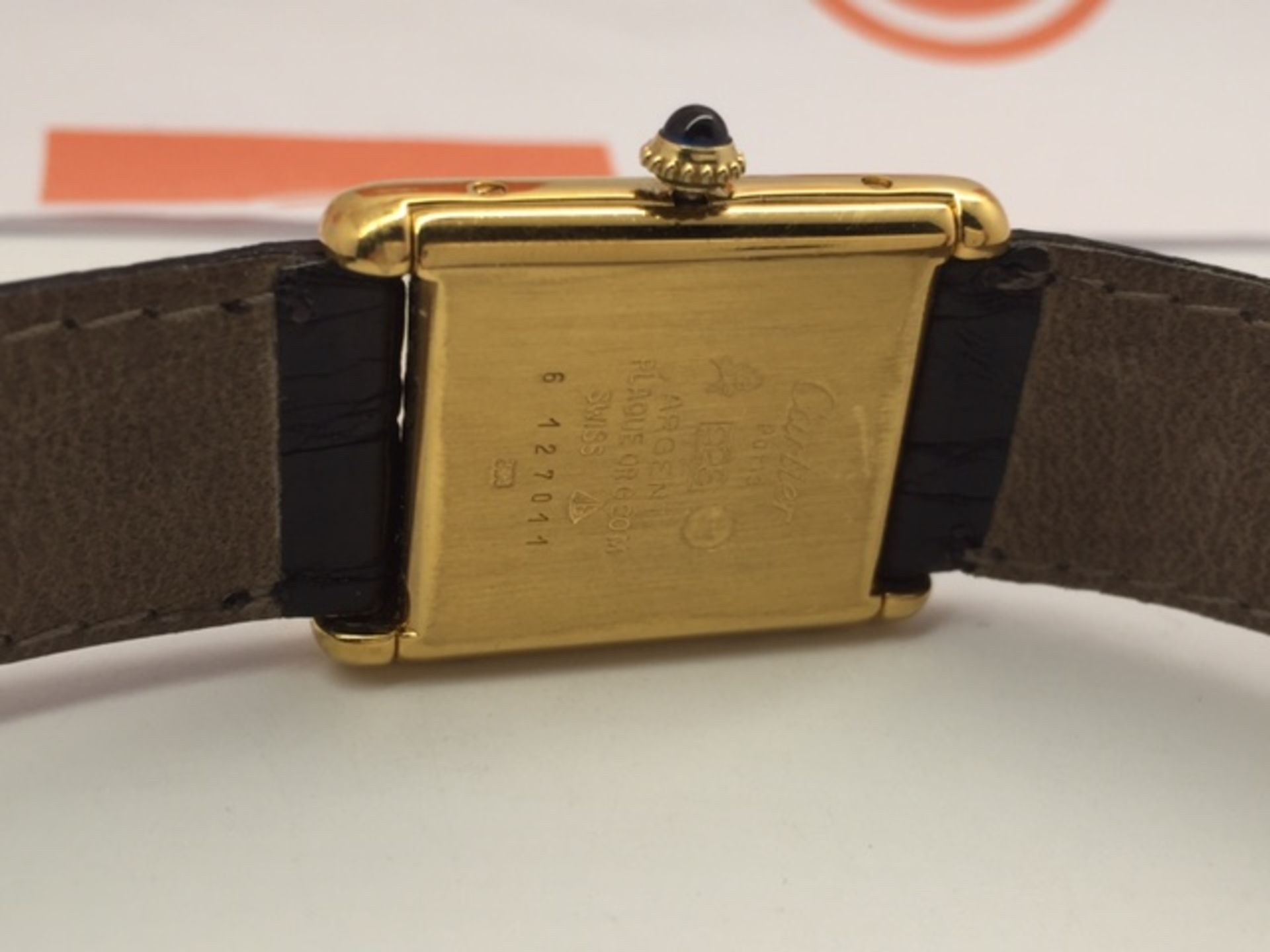 CARTIER GOLD PLATED WRIST WATCH ON LEATHER STRAP IN GOOD CONDITION SET WITH SAPPHIRE CABASCHON - Image 4 of 4