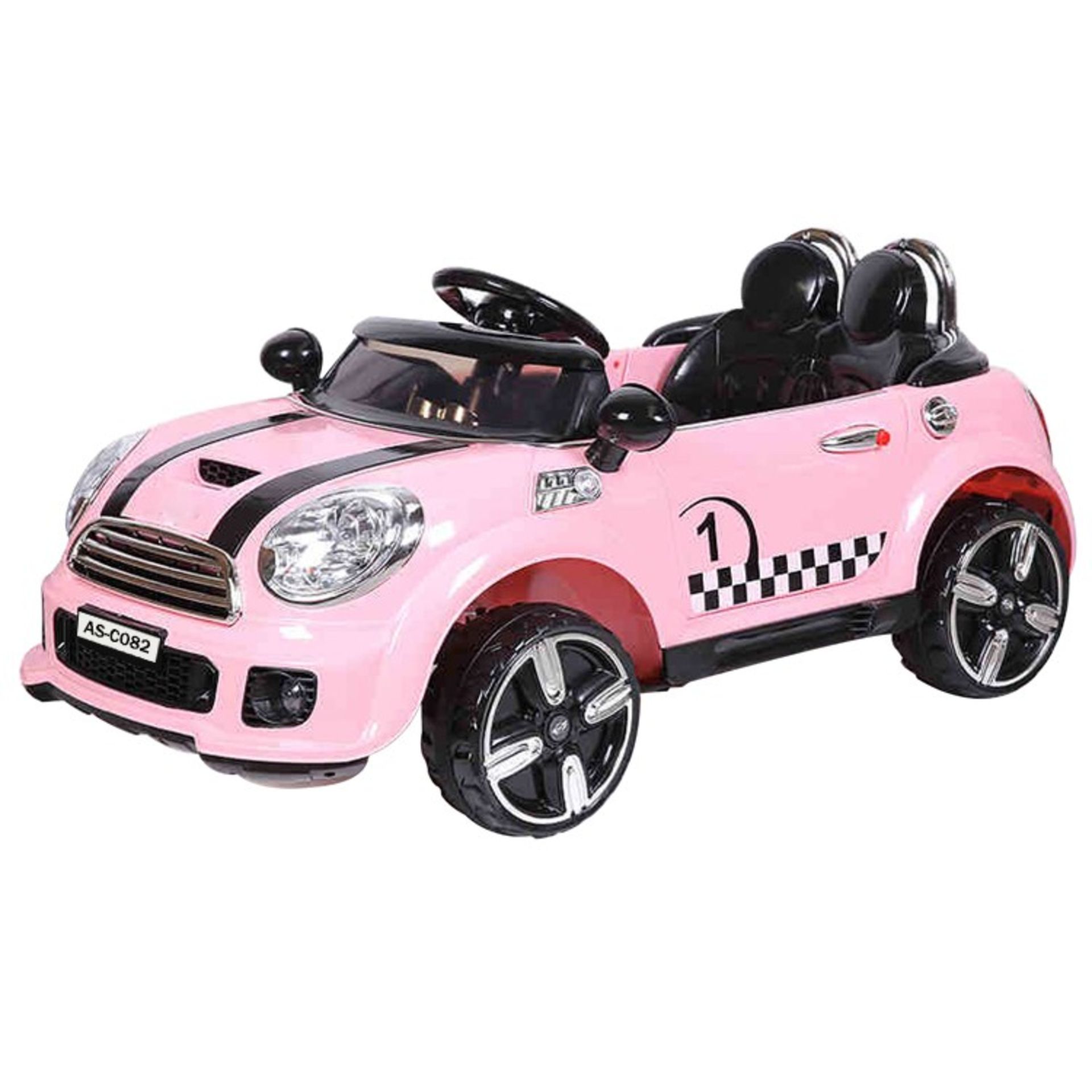 BRAND NEW BOXED MINI COOPER STYLE CHILDRENS SIT AND RIDE CAR IN PINK AND BLACK WITH 27MHZ REMOTE