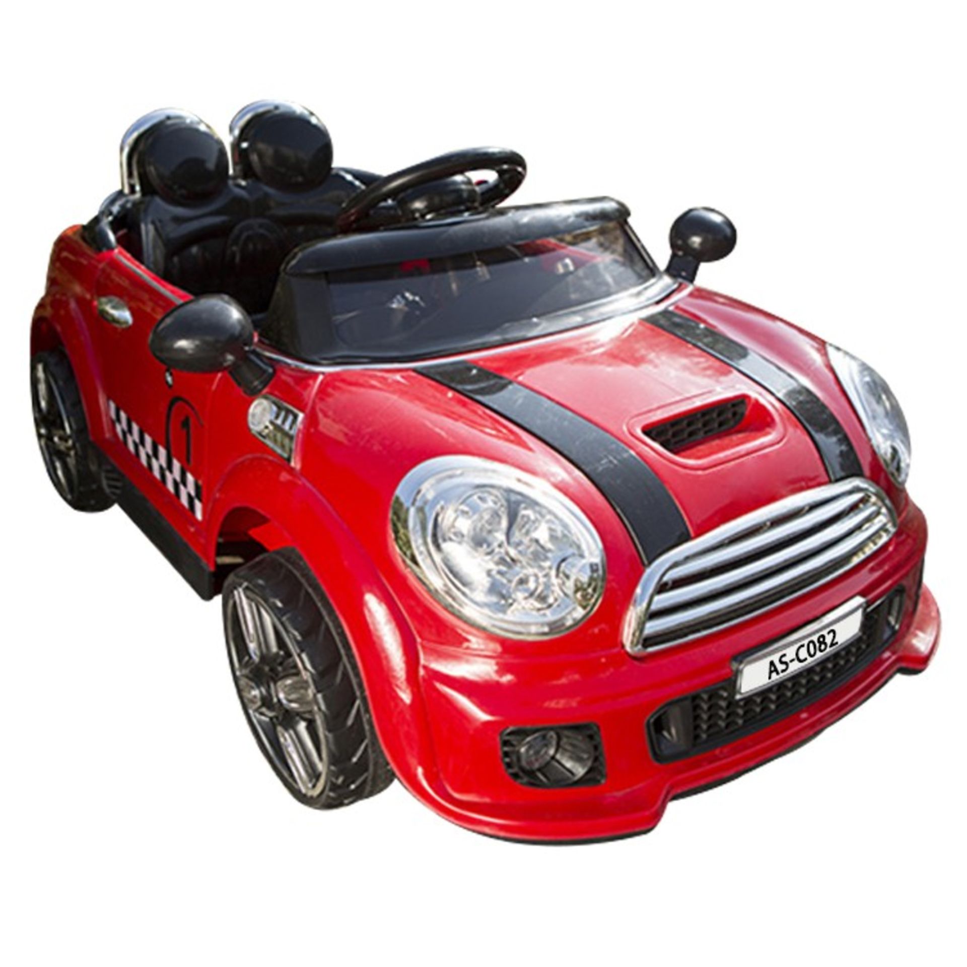 BRAND NEW BOXED MINI COOPER STYLE CHILDRENS SIT AND RIDE CAR IN RED AND BLACK WITH 27MHZ REMOTE