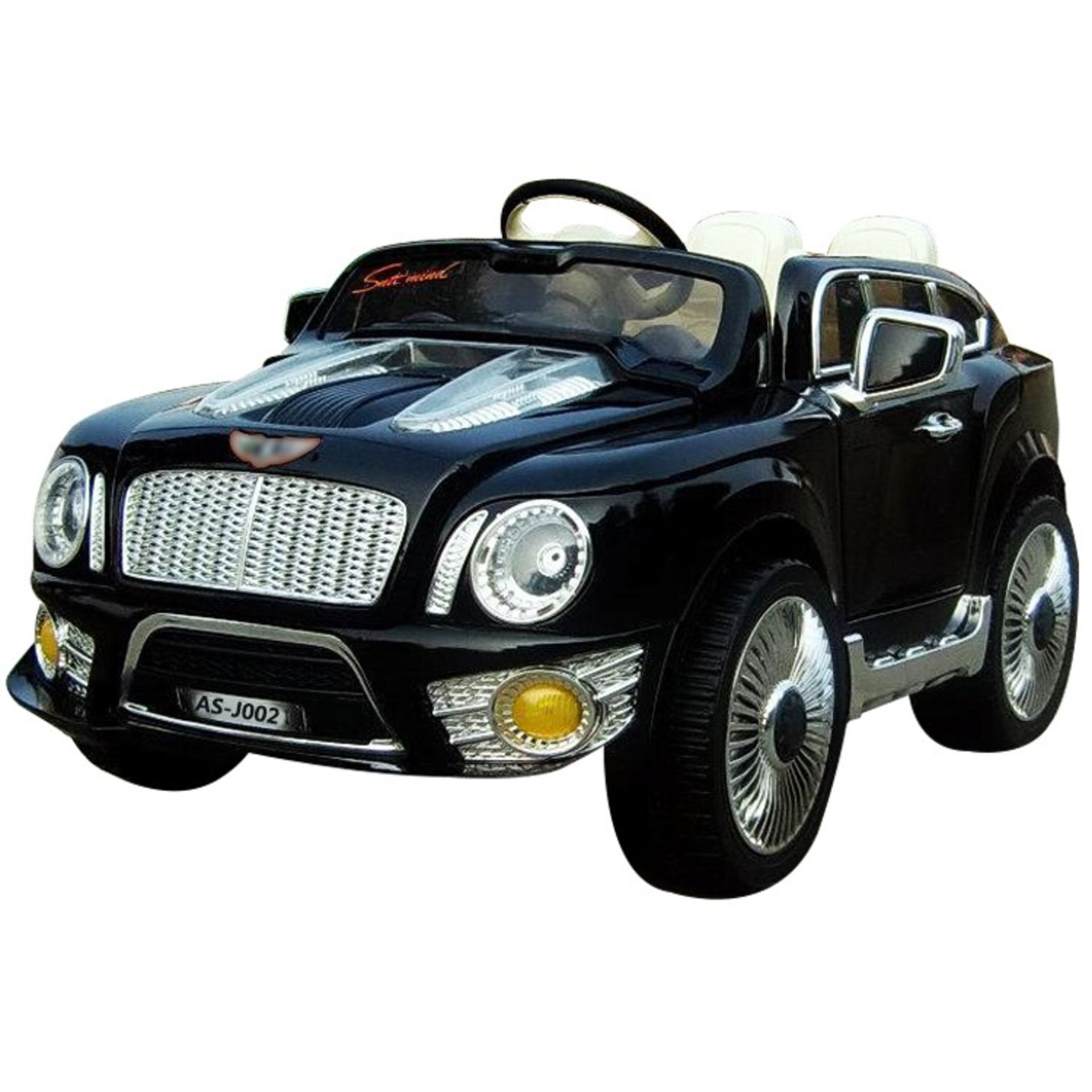 BRAND NEW BOXED BENTLEY STYLE CHILDRENS SIT AND RIDE CAR IN BLACK WITH TWO OPENING DOORS, OPENING