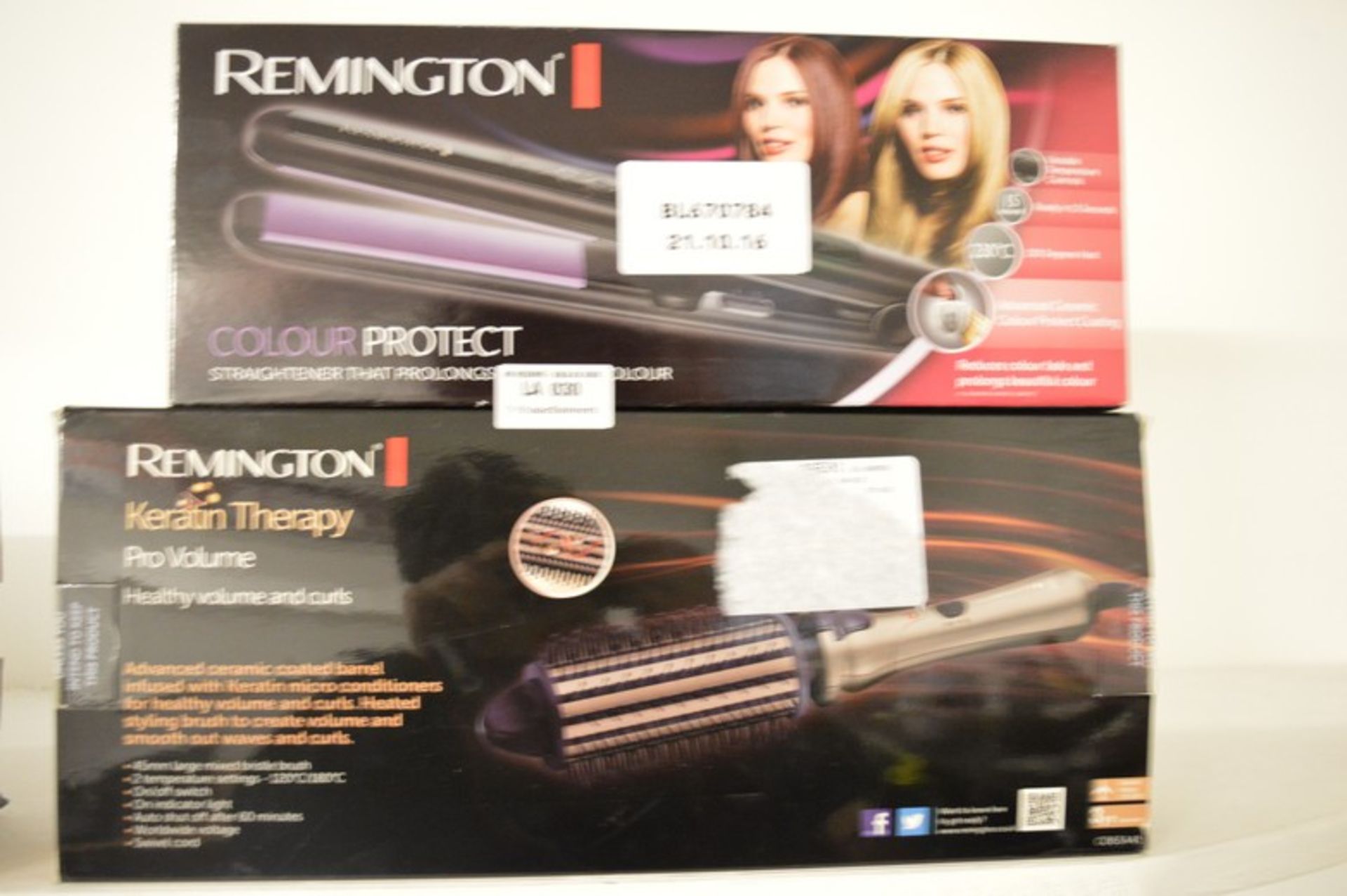2 x ASSORTED REMINGTON ITEMS TO INCLUDE KERATIN THERAPY PRO VOLUME BRUSH AND COLOUR PROTECT HAIR