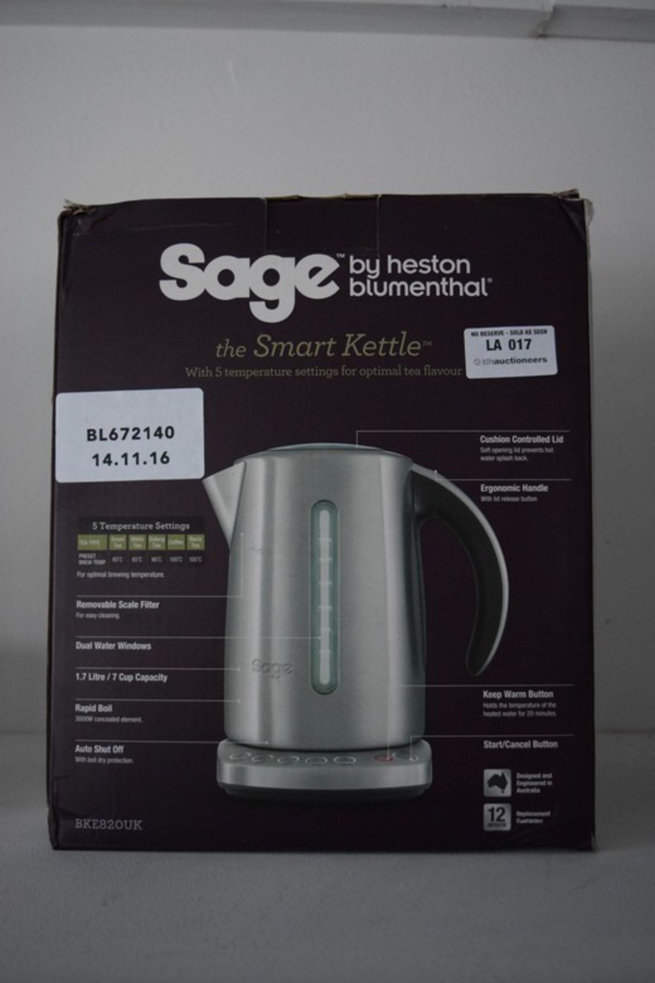 1 x BOXED SAGE BY HESTON BLUMENTHAL SMART KETTLE RRP £110 (14.11.2016) *PLEASE NOTE THAT THE BID