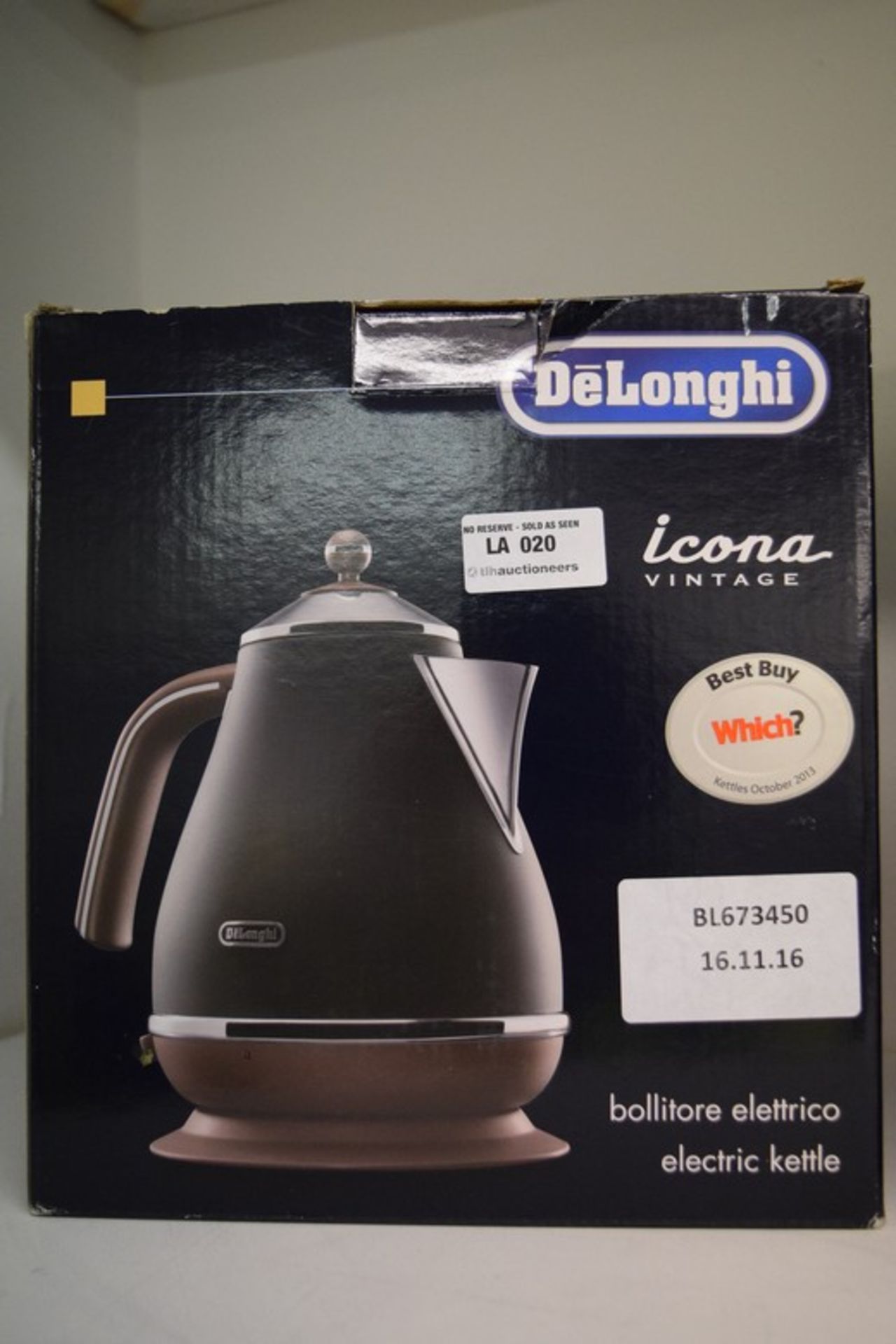 1 x BOXED DELONGHI ICONA VINTAGE KETTLE RRP £60 16/11/16 *PLEASE NOTE THAT THE BID PRICE IS