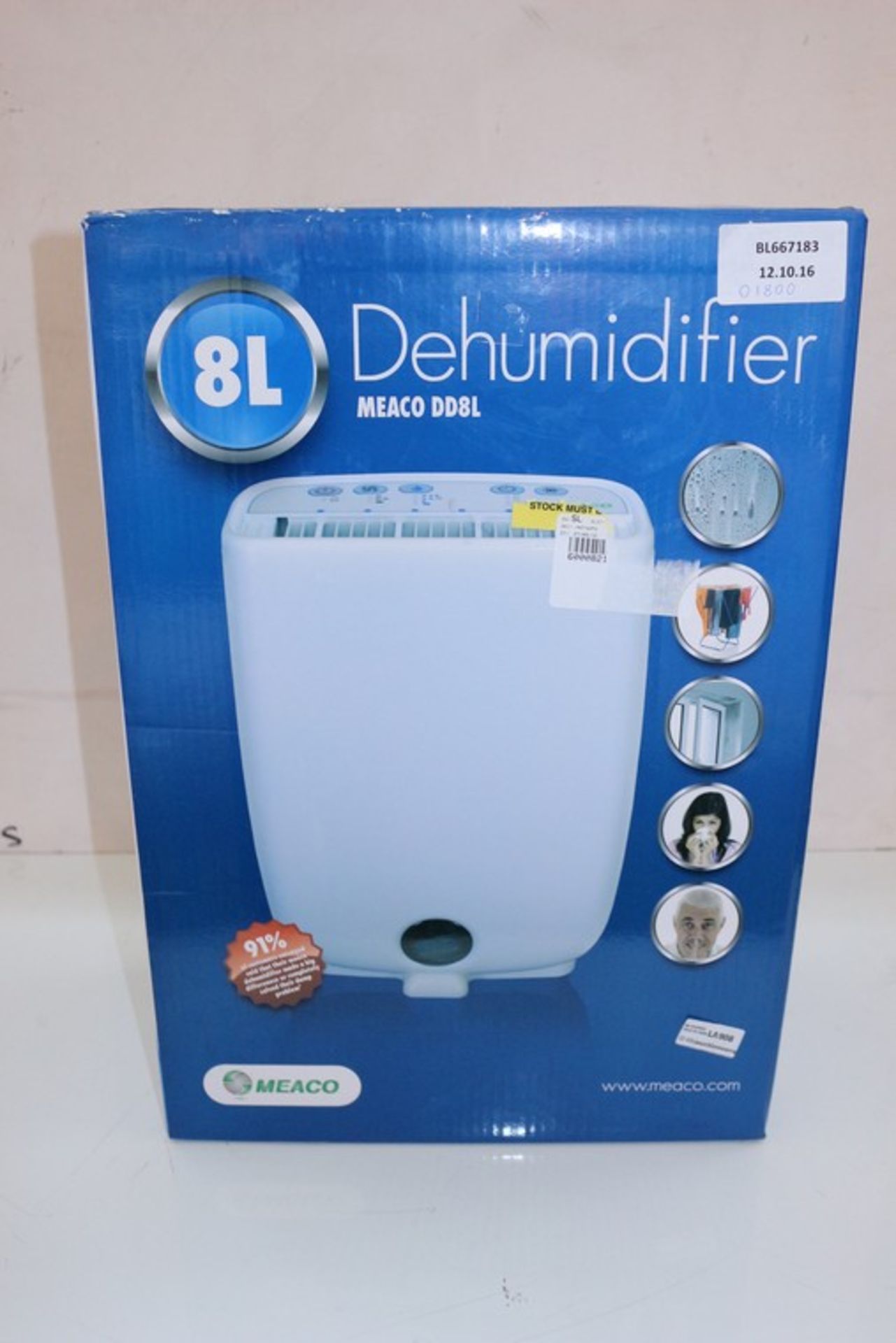 1 x BOXED MEACO 8L DEHUMIDIFIER RRP £180 (12.10.16) *PLEASE NOTE THAT THE BID PRICE IS MULTIPLIED BY