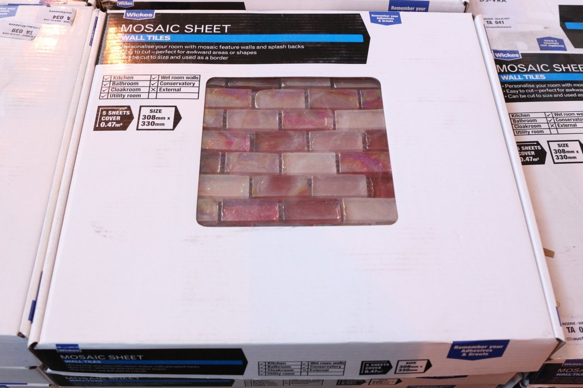 4X BY WICKES BOXED BRAND NEW MOSAIC SHEET WALL TILES IN PINK 308MMX330MM COMBINED RRP £199 (DS-VRA)