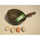 Chicken feed scoop with ceramic and rubber false eggs for broody hens