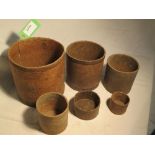 Set of 6 wooden dry measures - peck, gallon, ½ gallon, quart, pint and ½pint