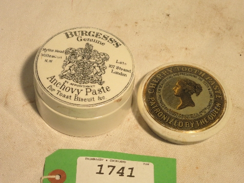 Ceramic Burgess's Genuine Anchovy Paste jar and a ceramic lid advertising Cherry Tooth Paste,