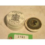 Ceramic Burgess's Genuine Anchovy Paste jar and a ceramic lid advertising Cherry Tooth Paste,