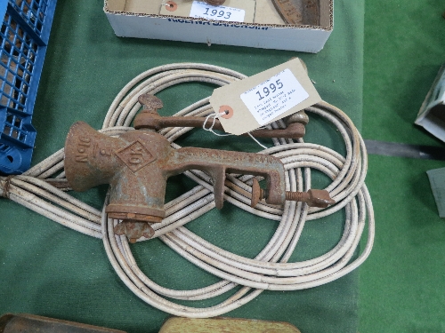 Iron hand mincer stamped 'No.10-2 Made in England' and a carpet beater