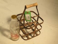 Very rare 1½pt size metal 4-bottle carrying milk crate, plus a 1½pt bottle marked Elm Grove Farm,