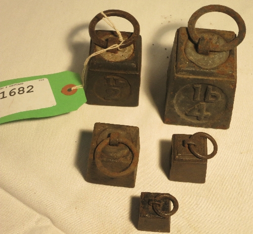 5 x 18th/19thC iron ring weights - 4lb, 2lb, 1lb, 8oz, 4oz