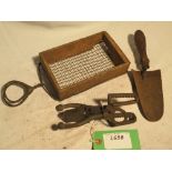 Vintage cast iron scissor mole trap and mole catcher's sieve and trowel