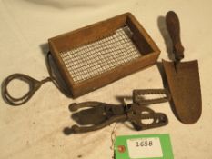 Vintage cast iron scissor mole trap and mole catcher's sieve and trowel