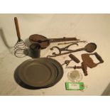 Box of kitchen utensils including a sugar loaf cutter, pewter plates and a Fasley's Pat. July 10th