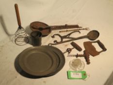 Box of kitchen utensils including a sugar loaf cutter, pewter plates and a Fasley's Pat. July 10th