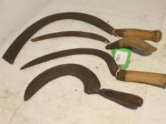 4 tools - Llanlli pattern reap hook marked Canada Axe Co. 1916, an unusual serrated rush hook,
