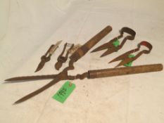 2 pairs of shears, large pair of shears and two secateurs