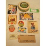 Ten old assorted advertising labels, etc