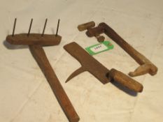 Thatcher's throw crook, straw combe and a Cotswold slater's pittaway (or slat-pick